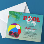 Lámina Budget Fun Pool Party Birthday Invitation<br><div class="desc">Throwing a pool party for your little one on a budget. Then these fun colorful pool birthday party invitations are ideal. Featuring a ombre blue water background,  palm tree leaves,  beach ball,  sunglass and a modern birthday party template that is easy to customize.</div>