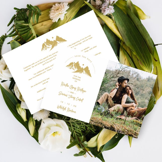Lámina Budget Gold Effect Boho Rustic Mountains Photo (Budget Inexpensive Faux Gold Effect Boho Rustic Mountains Photo Wedding Save the Date with Envelope.)