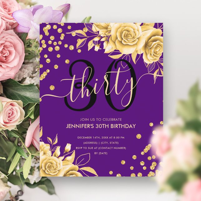 Lámina BUDGET Gold Purple Floral Purpurina 30 cumpleaños (BUDGET Gold Purple Floral Glitter 30th Birthday)