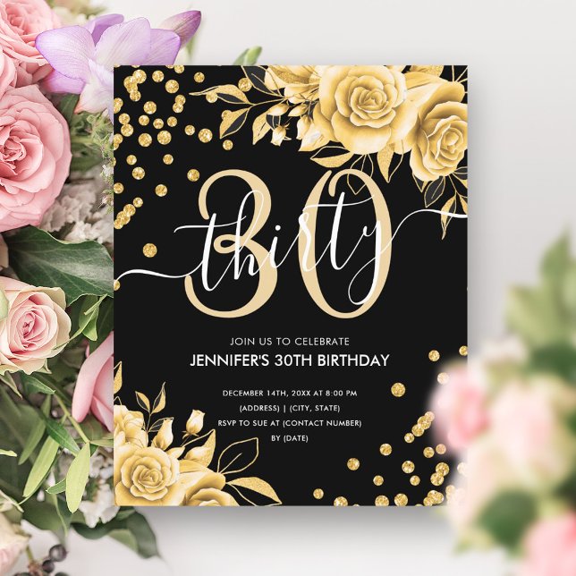 Lámina BUDGET Gold Purpurina Floral 30th Birthday Black (BUDGET Gold Floral Glitter 30th Birthday Black)