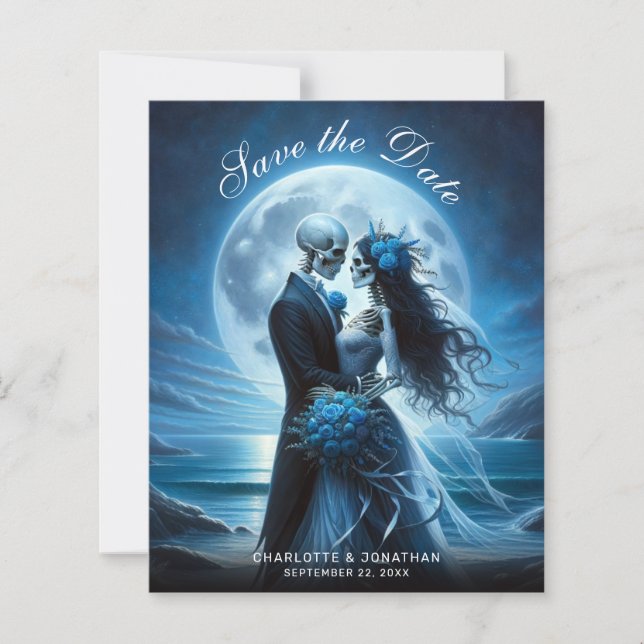 Lámina Budget Gothic Blue Skeletons Wedding Save the Date (Anverso)