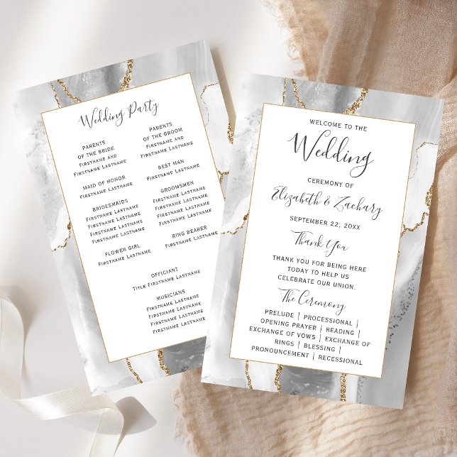 Lámina Budget Gray White Gold Agate Wedding Program (Subido por el creador)