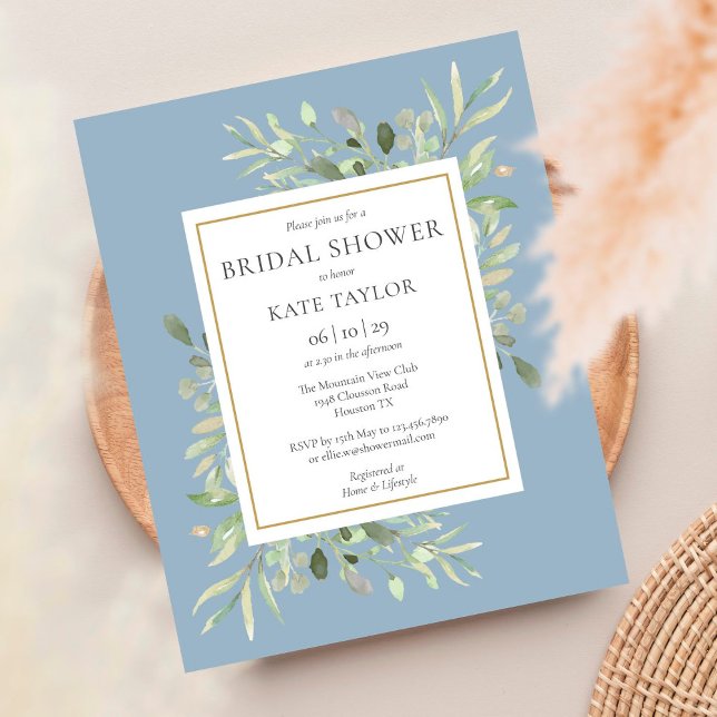 Lámina Budget Greenery Dusty Blue Bridal Shower Invite (Subido por el creador)