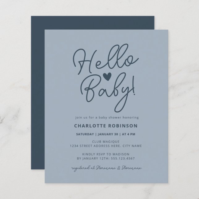 Lámina Budget Hello Baby Dusty Blue Baby Shower Invite (Anverso / Reverso)
