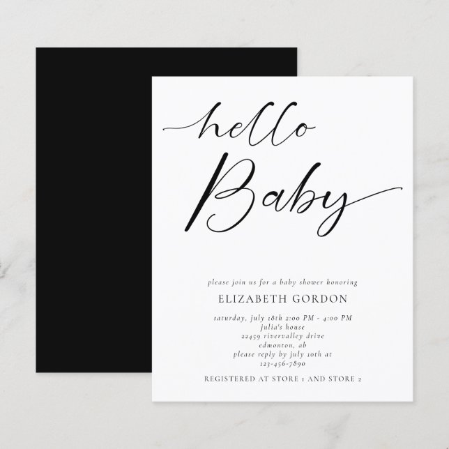 Lámina Budget Hello Baby Shower Minimal Gender Black (Anverso / Reverso)