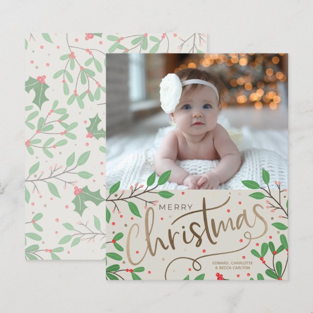 Lámina Budget Holly Berries Merry Christmas Photo Card (Anverso / Reverso)