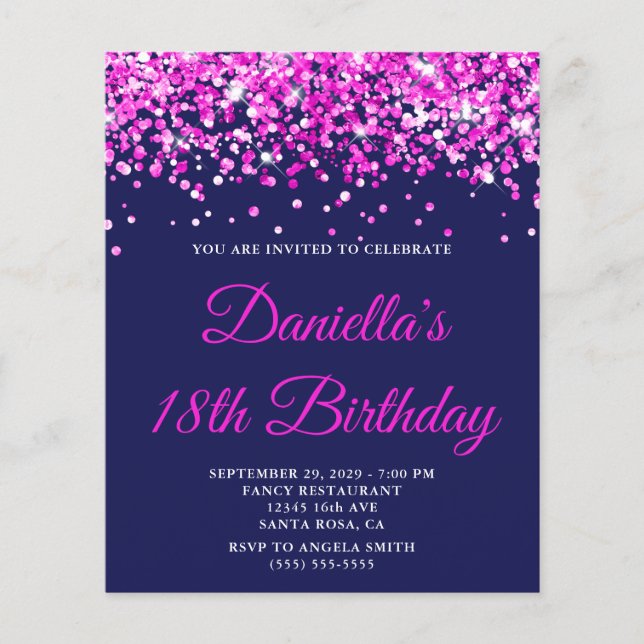 Lámina Budget Hot Pink Glitter Navy 18th Birthday Invite (Anverso)