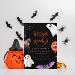 Lámina Budget Let's Get Spooky! Cute Black Birthday Party<br><div class="desc">Modern and cute Halloween-themed design for a spooktacular party! This budget birthday invitation features a spider's web in the top left-hand corner, two ghosts, a wizard hat, a pumpkin balloon, and a black and purple bat. Cards reverse to a black and white dotted pattern against an orange background. A gender-neutral...</div>