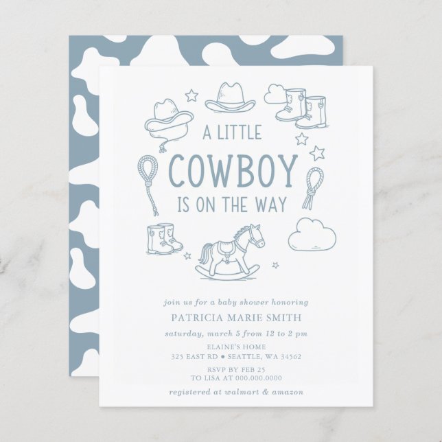 Lámina Budget Little Cowboy Boy Baby Shower Invitation (Anverso / Reverso)