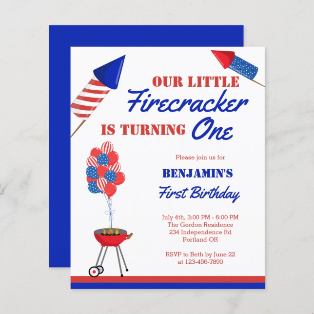 Lámina Budget Little Firecracker 1er cumpleaños 4 de juli (Anverso / Reverso)