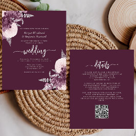 Lámina Budget Mauve Silver Floral QR Code Wedding Invite
