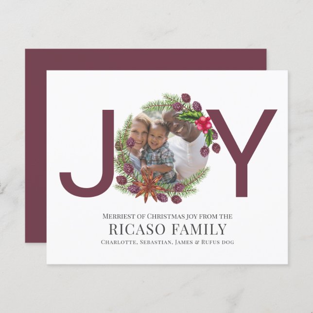 Lámina BUDGET Merry Christmas Joy Plum Wreath Photo Card (Anverso / Reverso)
