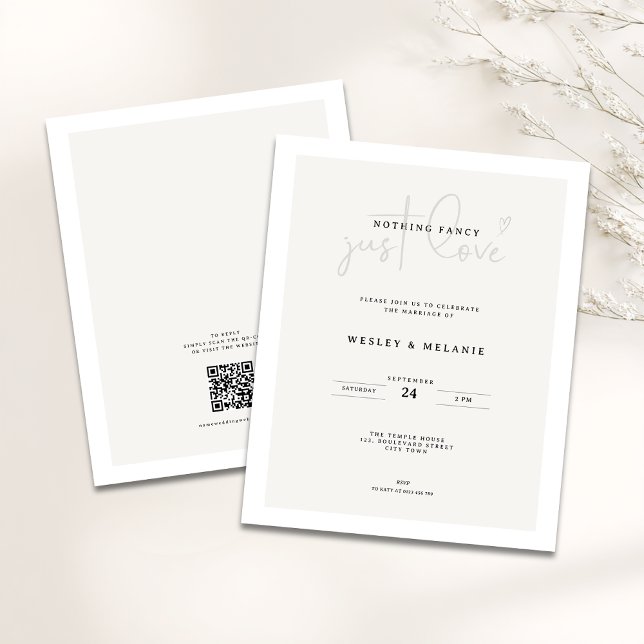 Lámina Budget Mimimal Beige QR-code Nothing Fancy Wedding (Budget Nothing fancy just love minimalist wedding invitation )