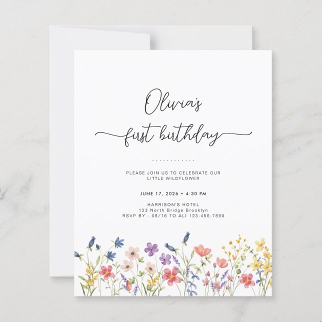 Lámina Budget Minimal Floral First Birthday Invitation (Anverso)