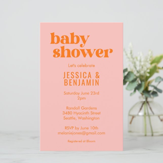Lámina Budget Modern Cute Pink Orange Baby Shower Invite (Anverso de pie)