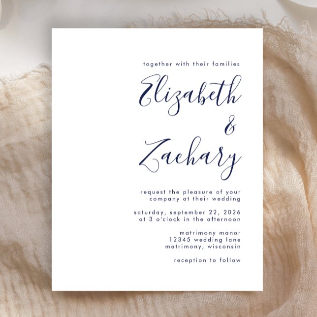 Lámina Budget Modern Navy Blue Script Wedding Invitation (Subido por el creador)
