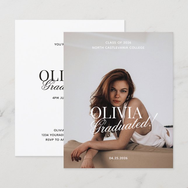 Lámina BUDGET Modern Photo Typography Script Grad Party (Anverso / Reverso)