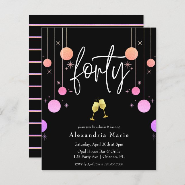 Lámina Budget Modern Sparkle 40 cumpleaños (Anverso / Reverso)