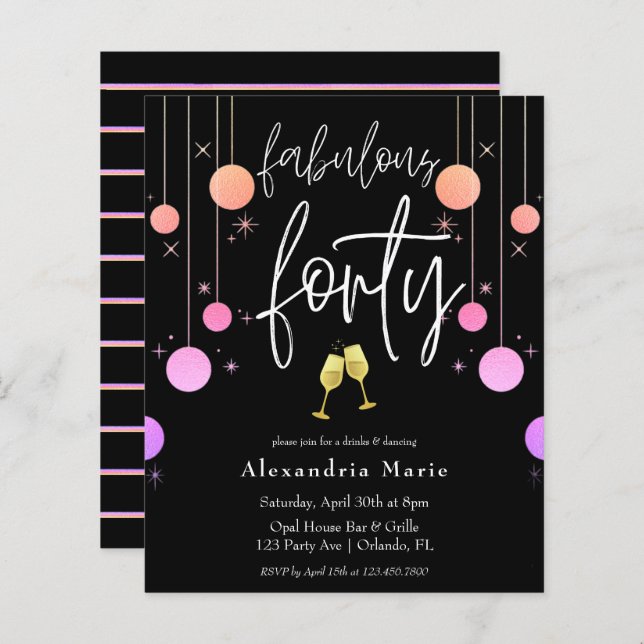 Lámina Budget Modern Sparkle "Fabulous Cuarenta" Cumpleañ (Anverso / Reverso)