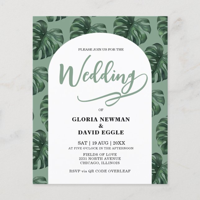 Lámina Budget Monstera Leaves Wedding QR Code Invitation (Anverso)