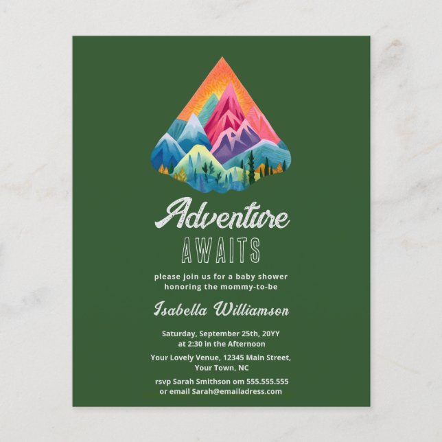 Lámina Budget Mountain Adventure espera Baby Shower (Anverso)
