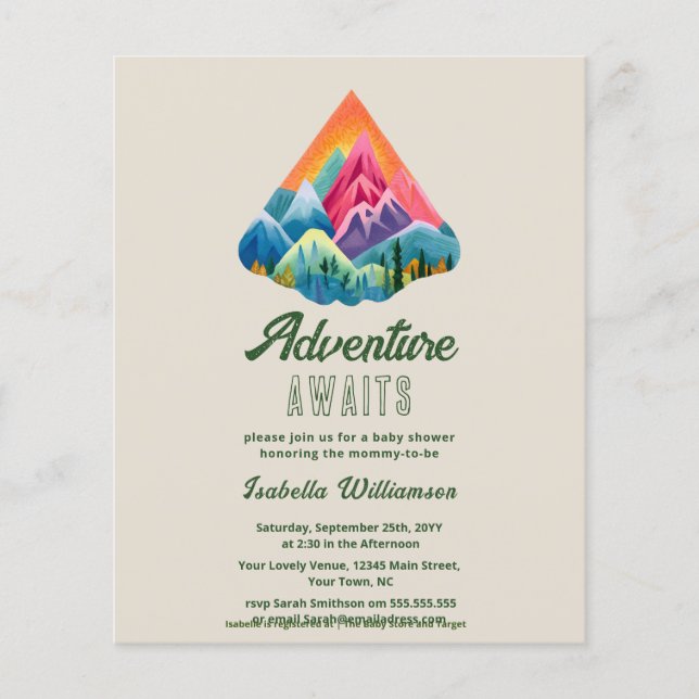 Lámina Budget Mountain Adventure espera Baby Shower (Anverso)