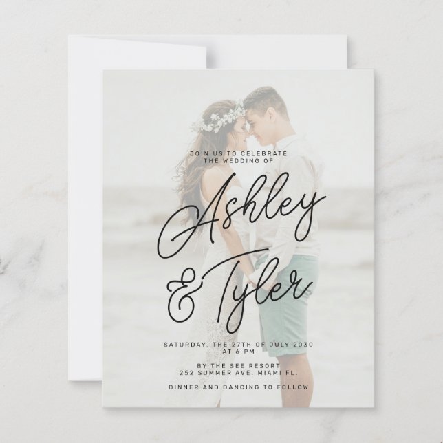 Lámina Budget names script overlay photo wedding invite (Anverso)