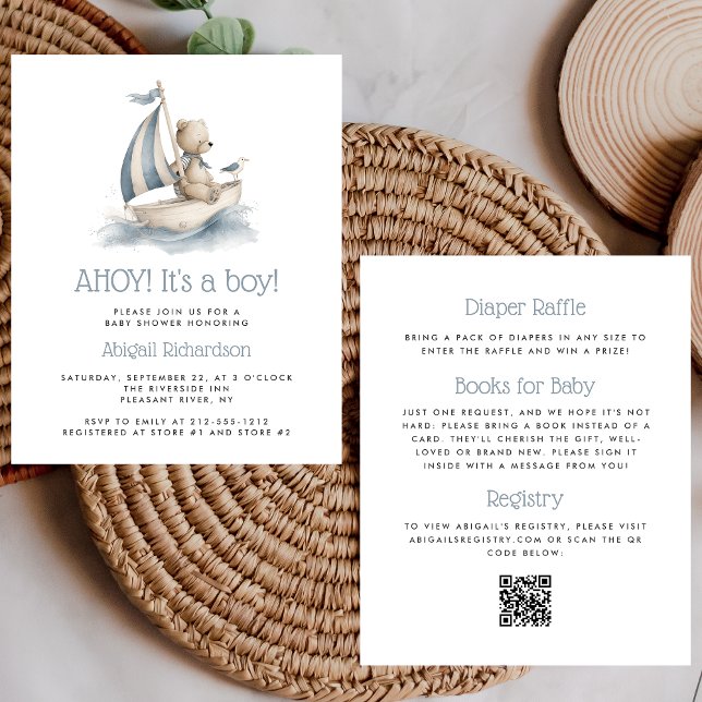 Lámina Budget Nautical Teddy Bear QR Code Boy Baby Shower (Subido por el creador)