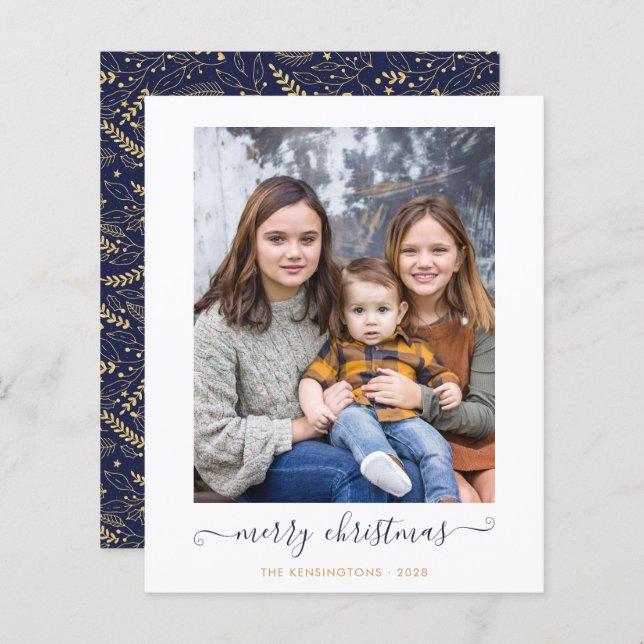 Lámina BUDGET Navy Blue Gold Script Merry Christmas Photo (Anverso / Reverso)