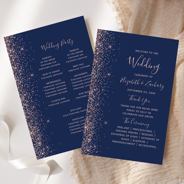 Lámina Budget Navy Blue Rose Gold Glitter Wedding Program (Subido por el creador)