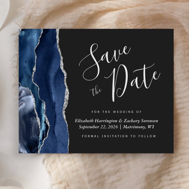 Lámina Budget Navy Blue Silver Agate Dark Save the Date (Subido por el creador)