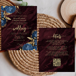 Lámina Budget Navy Gold Floral Burgundy QR Code Wedding