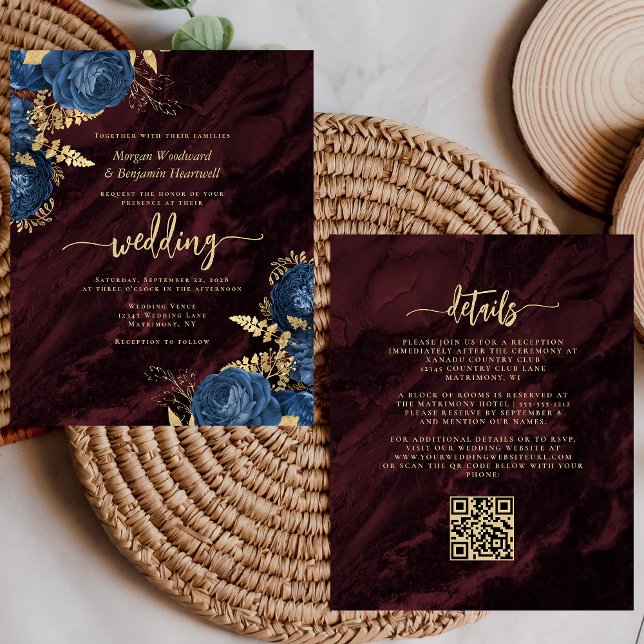Lámina Budget Navy Gold Floral Burgundy QR Code Wedding (Subido por el creador)