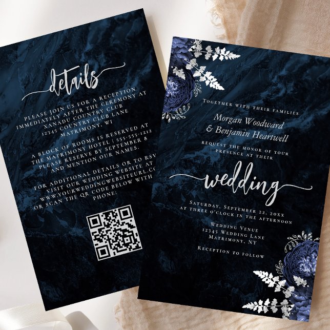 Lámina Budget Navy Silver Floral QR Code Wedding Invite (Subido por el creador)