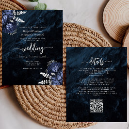 Lámina Budget Navy Silver Floral QR Code Wedding Invite