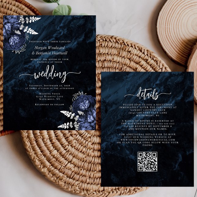 Lámina Budget Navy Silver Floral QR Code Wedding Invite (Subido por el creador)