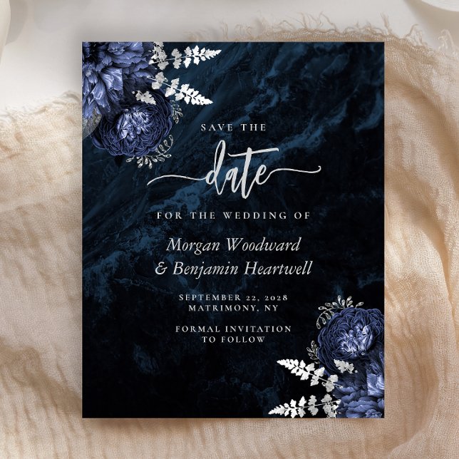 Lámina Budget Navy Silver Floral Wedding Save the Date (Subido por el creador)