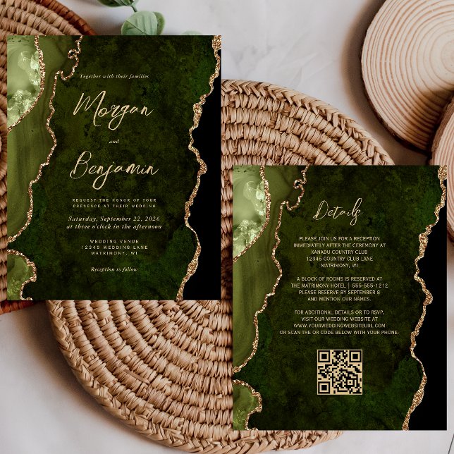 Lámina Budget Olive Green Agate Script QR Code Wedding (Subido por el creador)