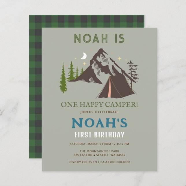 Lámina Budget One Happy Camper Boys First Birthday (Anverso / Reverso)