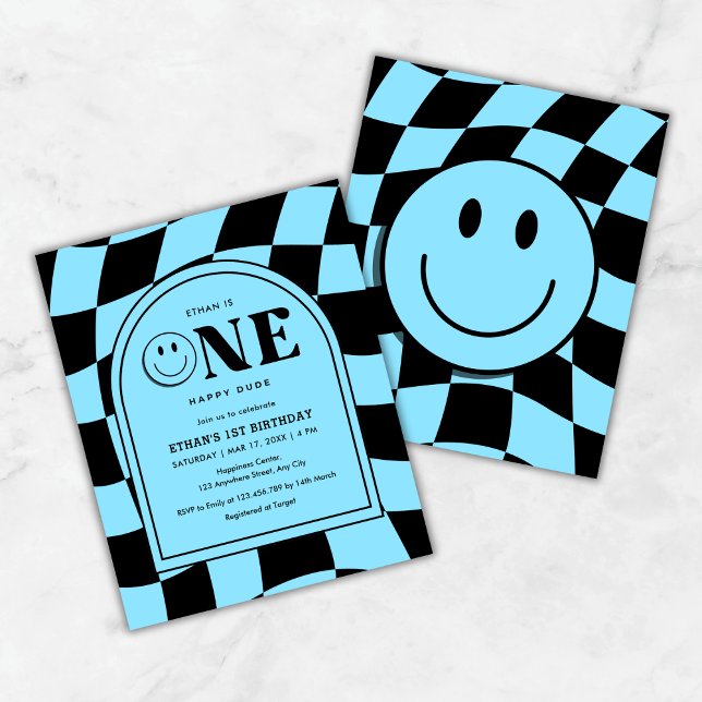 Lámina Budget One Happy Dude Blue Boy Invitación de cumpl (Budget One Happy Dude Happy Face Blue Boy 1st Birthday Invitation  )