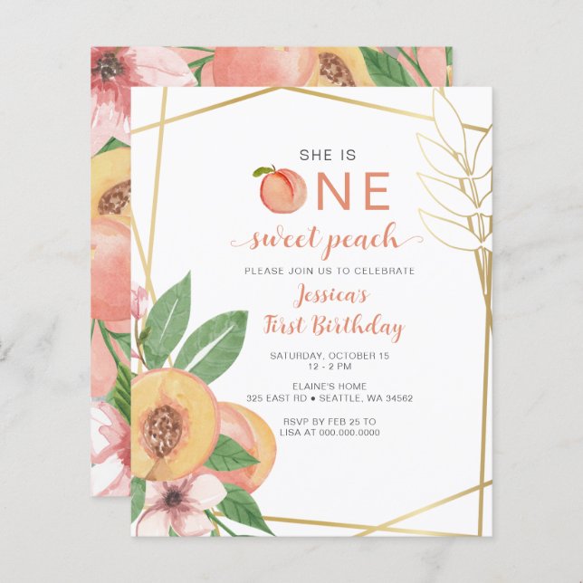 Lámina Budget One Sweet Peach First Birthday photo Invite (Anverso / Reverso)
