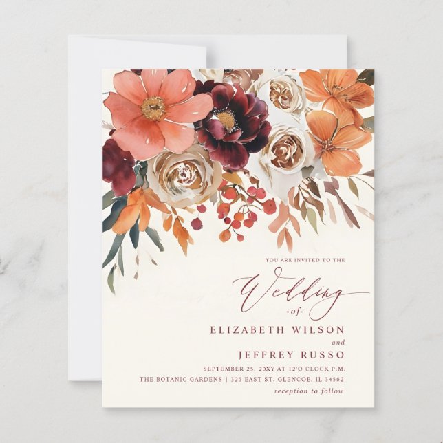 Lámina Budget Orange Floral Fall Wedding Invitation (Anverso)