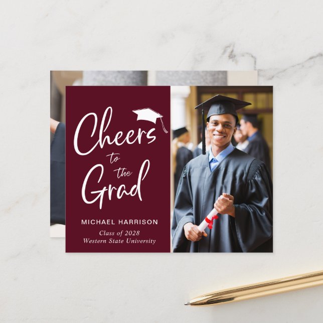 Lámina Budget Photo Burgundy Red Graduation Announcement (Anverso/Reverso In Situ)