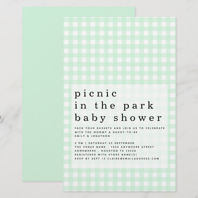 Lámina Budget Picnic Park Baby Shower Green Gingham (Anverso / Reverso)