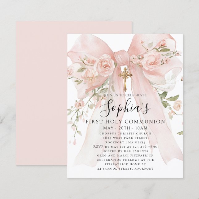 Lámina BUDGET Pink Bow Rose Floral First Communion Invite (Anverso / Reverso)
