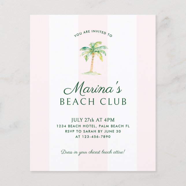 Lámina BUDGET Pink Cabana Stripe Beach Club Cumpleaños (Anverso)