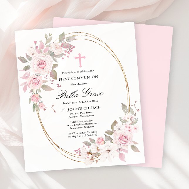 Lámina Budget Pink Floral First Holy Communion Invitation (Subido por el creador)