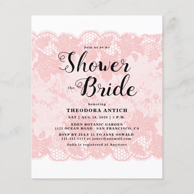 Lámina Budget Pink Lace Bridal Shower Invitation (Anverso)