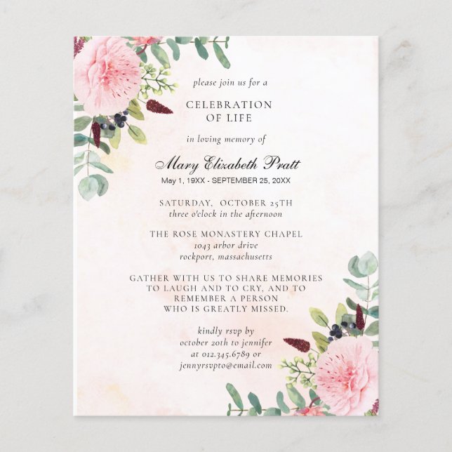 Lámina Budget Pink Peony Eucalyptus Funeral Invitation (Anverso)