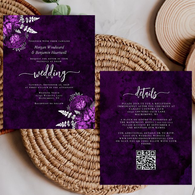 Lámina Budget Plum Silver Floral QR Code Wedding Invite (Subido por el creador)